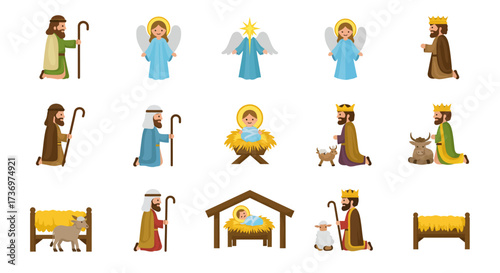 Nativity scene depicting baby Jesus angels shepherds wise men  animals