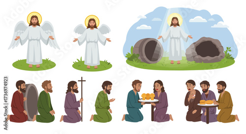 Jesus shown as an angel resurrecting and sharing food in 6 scenes