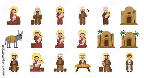 Nativity scene icons depict Mary Joseph baby Jesus a donkey buildings and other figures