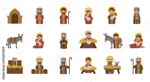Nativity scene icons Mary Joseph baby Jesus stable donkey