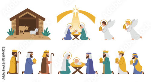 Nativity scene with stable Mary Joseph baby Jesus wise men and angels depicting a religious event