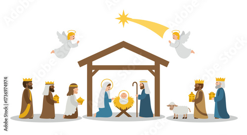 Nativity scene with baby Jesus Mary Joseph wise men angels a star and a lamb inside of a stable