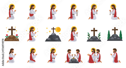 Pixel art depicting Jesus in prayerful poses and crosses on mounds