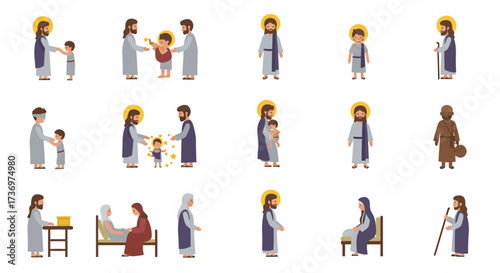 Pixel art depicts biblical scenes Jesus with people including children and Mary