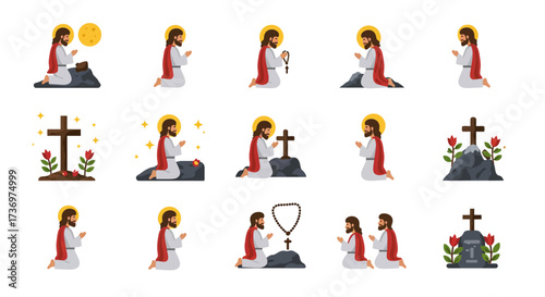 Pixel art shows a person kneeling and praying in various poses and next to crosses and other religious symbols