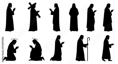 Silhouetted figures of Jesus in various poses including prayer carrying a cross and kneeling with a halo