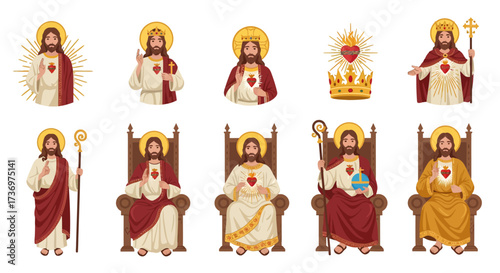 The image displays ten cartoon illustrations of Jesus Christ in various poses and settings
