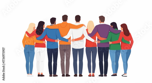 Happy people. Diverse multi-ethnic people character group hugging standing together back view. National cohesion, solidarity and unity illustration. International friendship communication vector