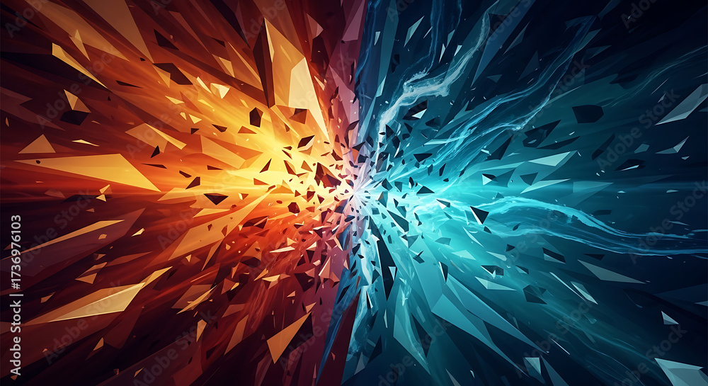Fototapeta premium Abstract Explosion Orange and Blue Shattered Fragments, Destruction