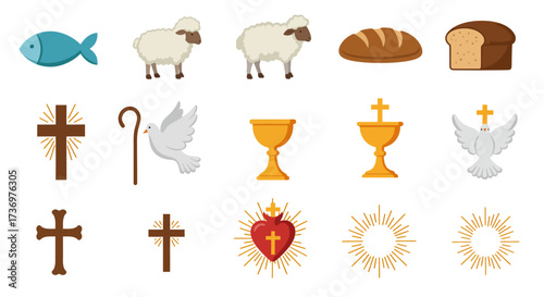 Assorted religious Christian symbols including a cross bread lamb dove fish and chalice are arranged on a white background