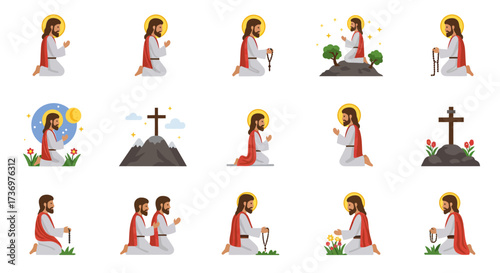 Cartoon depictions of Jesus kneeling some with crosses rosaries flowers trees and celestial objects