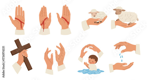 Christian imagery shows various hands a lamb a cross  a baptism