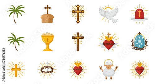 Christian icons showcase symbols crosses palm lamb dove hearts chalice crown and egg