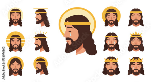 Array of Jesus faces with halos and crowns depicting different views and emotional states