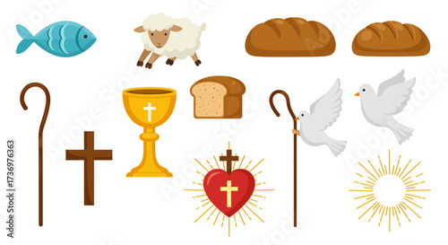 Christian iconography fish lamb bread chalice cross shepherds crook heart dove and halo