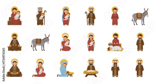 Christmas Nativity Scene figures including Mary Joseph baby Jesus a donkey and a lamb arranged in a grid