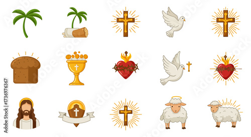 Cartoon icons of Christian religious symbols arranged in rows against a white background