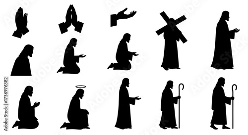 Black silhouette art featuring hands and people in robes with props like a cross and staff