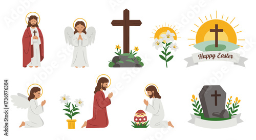 Collection of Christian Easterthemed illustrations featuring Jesus angels crosses lilies an Easter egg and a tombstone