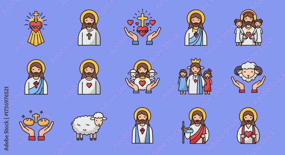 Fototapeta premium Icons of Jesus Christ and religious imagery on a light blue background