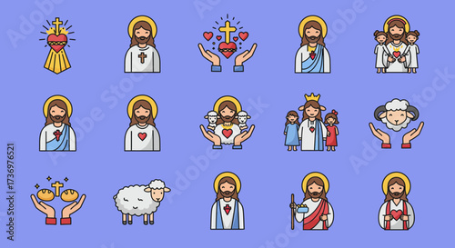 Icons of Jesus Christ and religious imagery on a light blue background