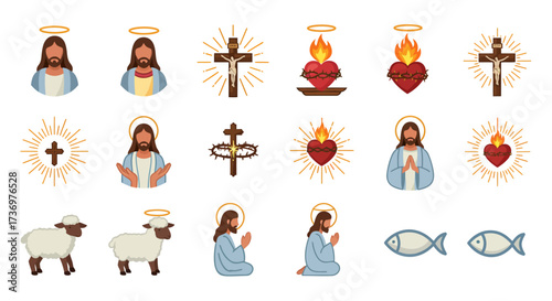 Icons include Jesus crosses hearts lambs  fish