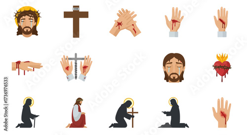 Image depicts a crucifixion theme with hands and Jesus icons