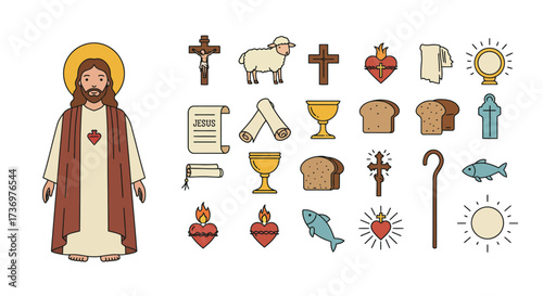 Jesus icon set Jesus w halo cross lamb scrolls chalices bread towel shepherds crook fish heart  sun