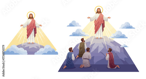 Jesus stands on a mountain bathed in divine light as figures kneel in awe