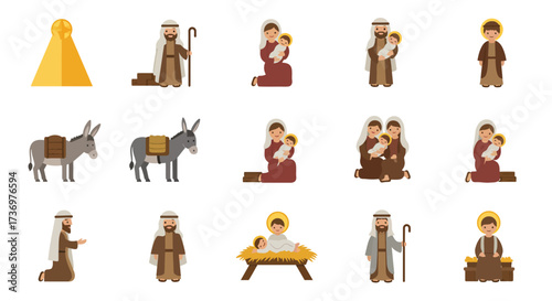 Nativity scene assorted cartoons depict Mary Joseph baby Jesus donkeys and the Star of Bethlehem