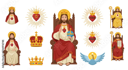 Religious imagery Jesus hearts with sunbursts crowns thrones  a dove on a white background