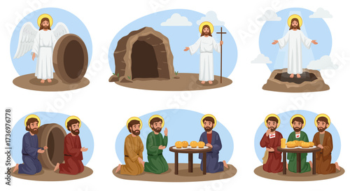 Six scenes depict Jesuss resurrection including tomb  disciples