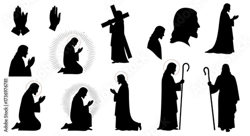 Silhouettes depict religious figures with halos and various poses
