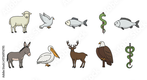 Ten illustrations show a sheep dove 2 fish serpent on a staff donkey pelican deer eagle and serpent on a staff with a cross