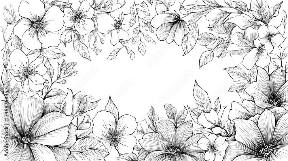 custom made wallpaper toronto digitalAbstract floral frame illustration with decorative botanical elements created as intricate drawing for coloring book page isolated on white background