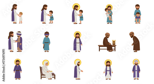 The image presents religious figures in pixelated form in various scenarios