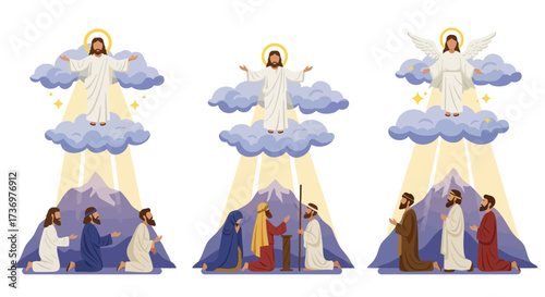 Three scenes depict a figure descending from clouds with onlookers below