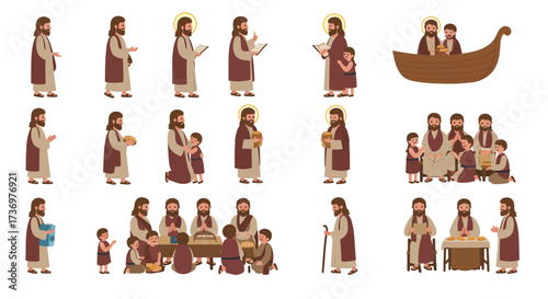 The image features multiple cartoonstyle illustrations depicting Jesus Christ