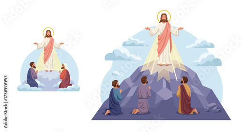 Two religious scenes depict Jesus in radiant light with kneeling figures below A mountain and clouds are featured