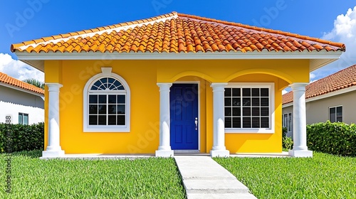 Bright Yellow House with Blue Door and Terracotta Roof