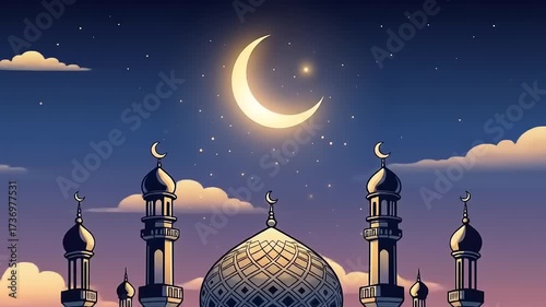 Mosque at Night with Crescent Moon and Stars, Islamic Architecture, Ramadan Celebration.