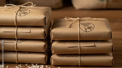 Stacked packages of organic rice tied with twine on a wooden surface, with rice grains scattered