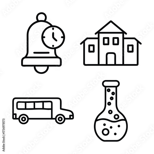 Vector art of set of four school icons bell, building, bus, and flask