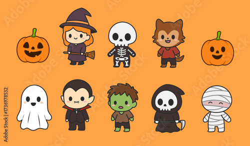 Cute chibi size halloween characters set