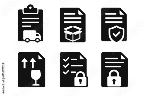 Shipping document icon set for logistics and delivery. Vector glyphs for waybill, packing slip, freight insurance, and fragile cargo handling. Secure business symbols.
