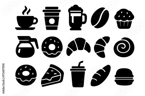 Coffee shop and bakery icon set. Vector silhouette glyphs collection of pastry, drinks and breakfast food. Donut, croissant, muffin, cake, coffee cup and bread symbols.
