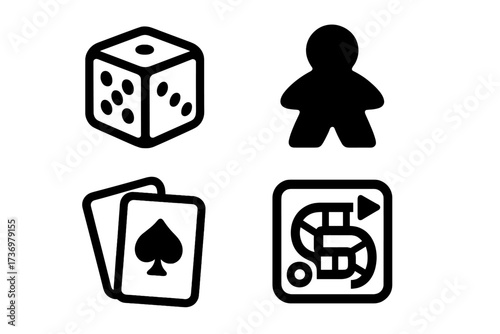 Board game icon set. Minimalist vector symbols for tabletop gaming. Includes dice, meeple player pawn, playing cards, and strategy path. Simple black and white illustration.