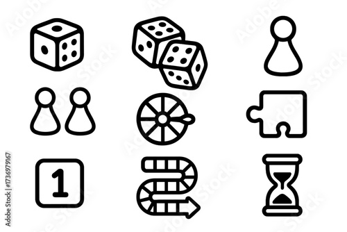 Board game icon set. Minimalist line art symbols for tabletop games. Vector collection of dice, pawns, puzzle piece, spinner, hourglass and game path elements. Simple outline icons.