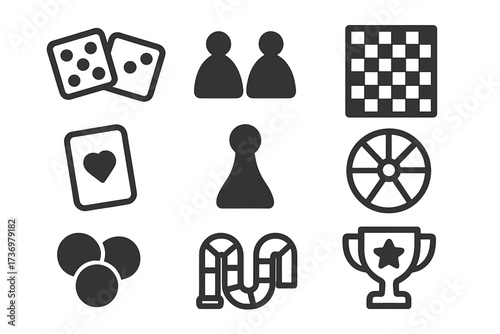 Board game icon set. Minimalist glyph symbols for tabletop games. Vector collection of flat pictograms: dice, pawn, meeple, chessboard, playing card, spinner, and trophy.