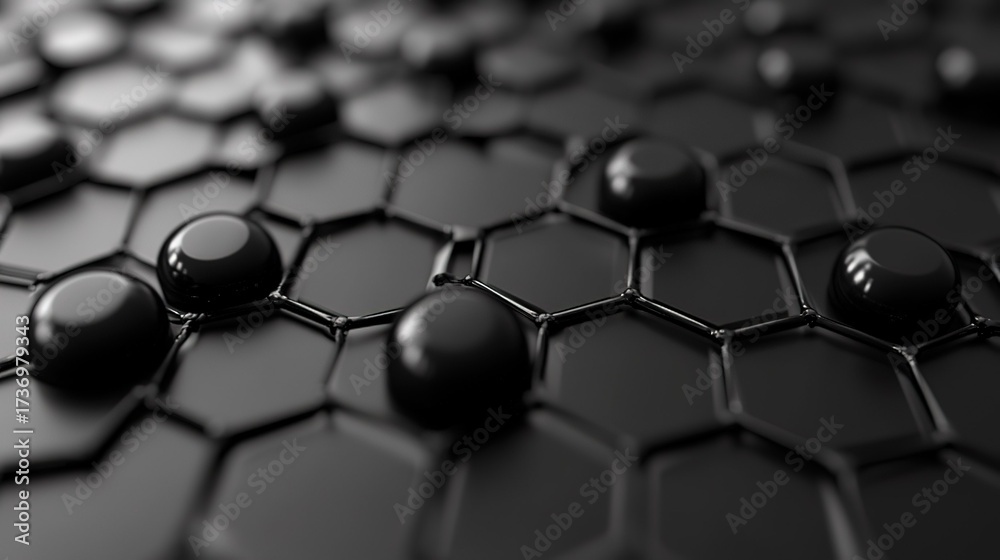 Obraz premium 3D Render of Black Hexagonal Pattern with Glossy Spheres